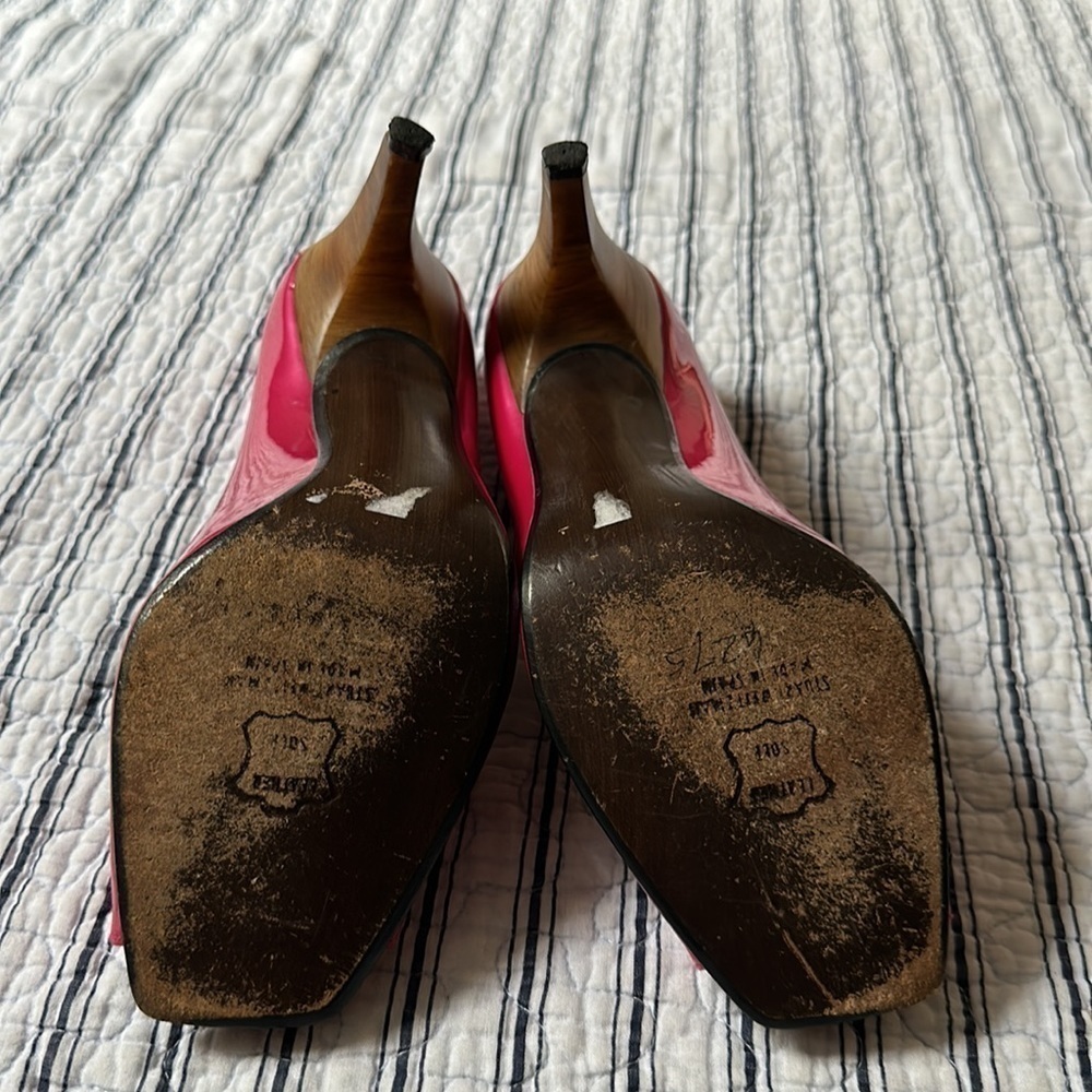 😊Stuart Weitzman Womens Metallic Pink Patent Leather Open Toe Pumps size… - Picture 11 of 16